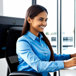 **

A friendly AI customer service representative, fully clothed in a professional and modest outfit, assisting a customer on a computer. The background is a modern, bright office setting with a company logo subtly displayed. Focus on a helpful and approachable demeanor. Safe for work, appropriate content, professional, perfect anatomy, correct proportions, natural pose, well-formed hands, proper finger count, natural body proportions.

**