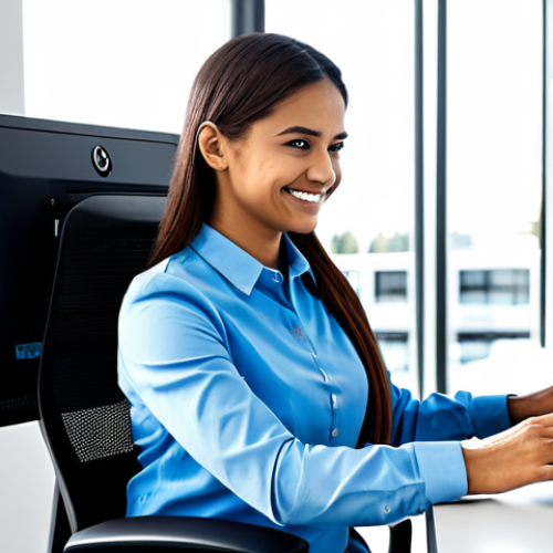 Home 6 **
A friendly AI customer service representative, fully clothed in a professional and modest outfit, assisting a customer on a computer. The background is a modern, bright office setting with a company logo subtly displayed. Focus on a helpful and approachable demeanor. Safe for work, appropriate content, professional, perfect anatomy, correct proportions, natural pose, well-formed hands, proper finger count, natural body proportions.
**